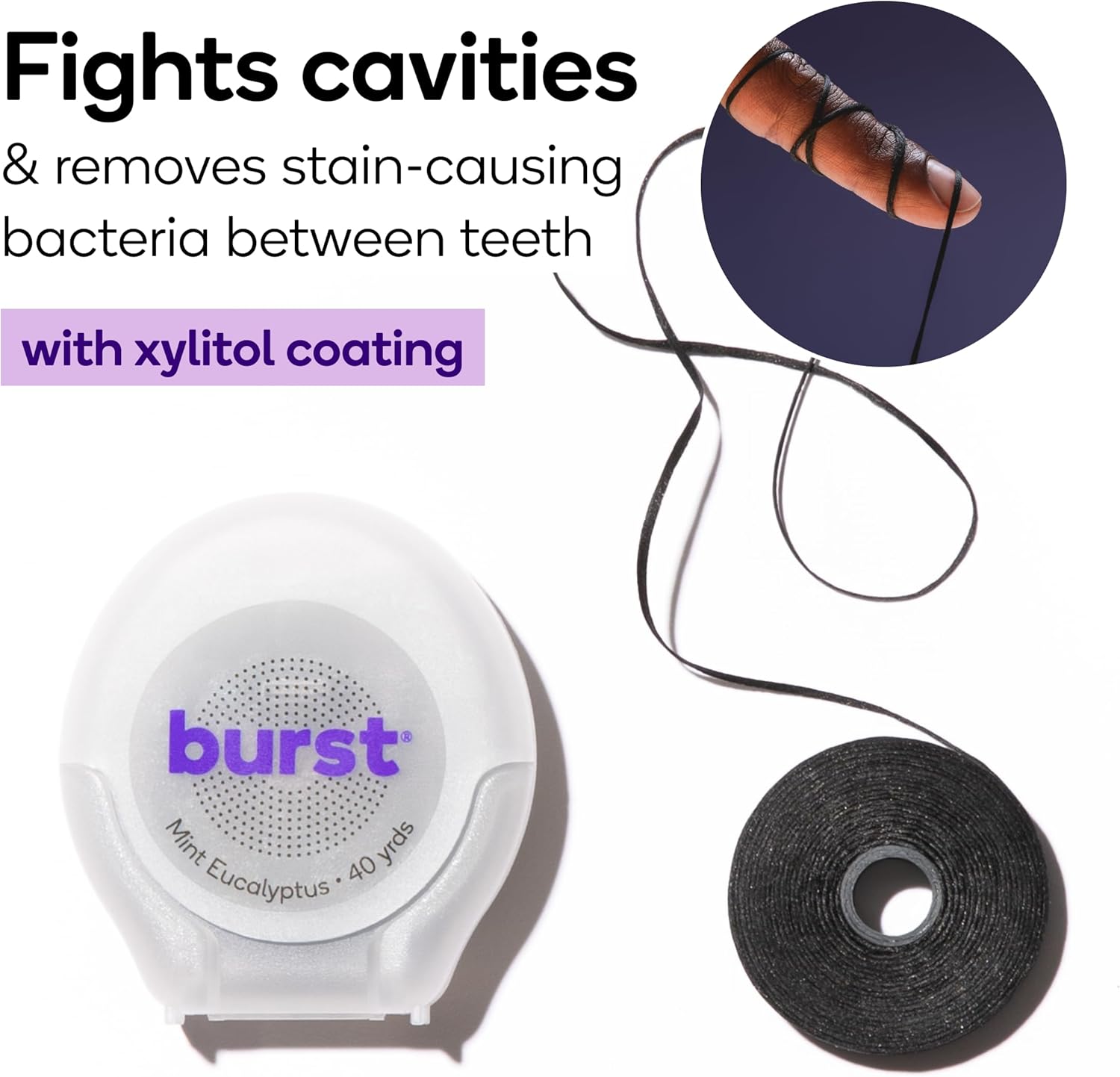 BURST Expanding Dental Floss (Mint Eucalyptus/240 Yards) | Stain Absorbing & Woven Teeth Floss with Xylitol Coating to Fight Cavities | Vegan | Paraben Free Expanding Floss