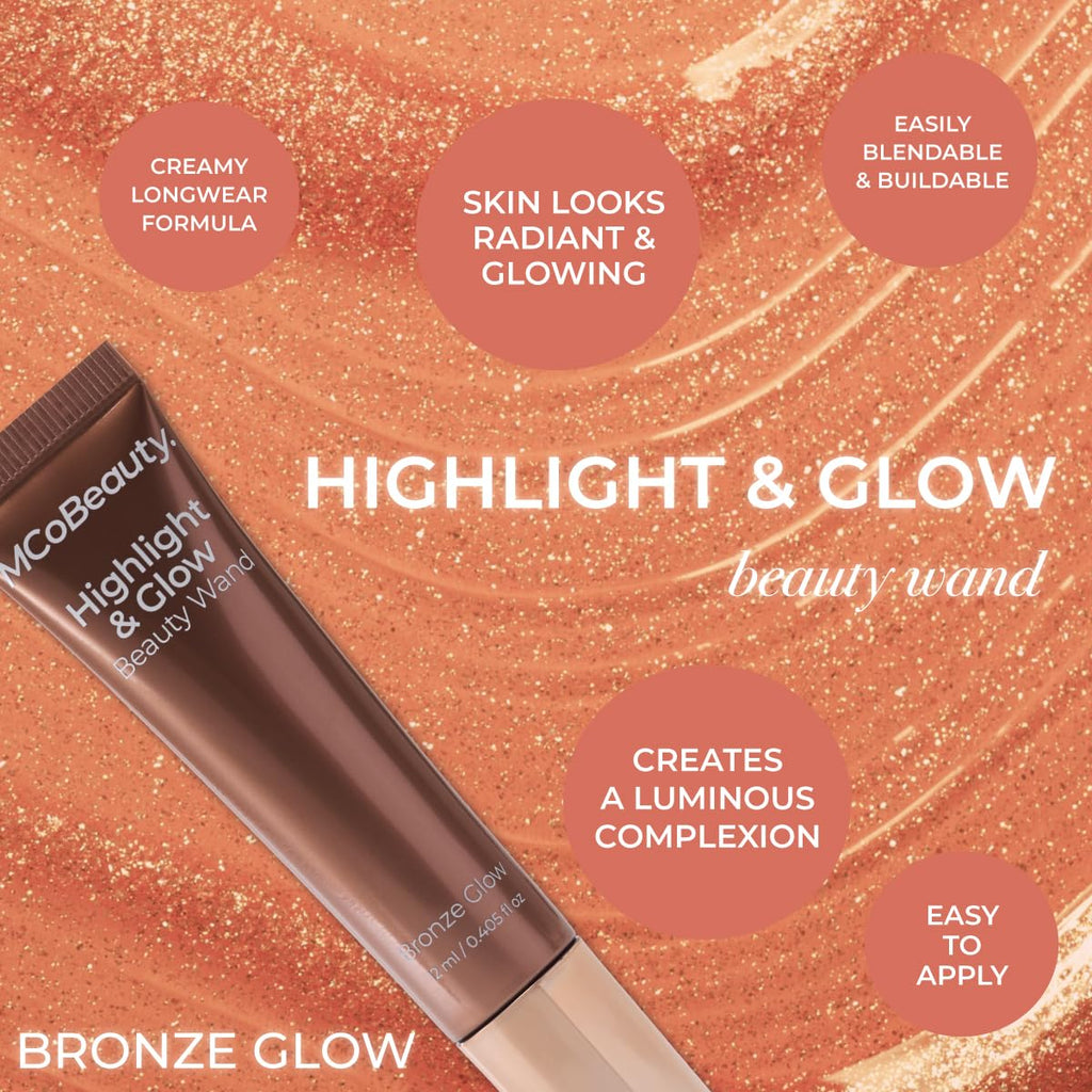 MCoBeauty - Highlight and Glow Beauty Wand - Buildable Liquid Highlighter - Bronze Shade - Liquid Cream with Cushion Applicator for Soft, Radiant Finish - Highlighters Makeup
