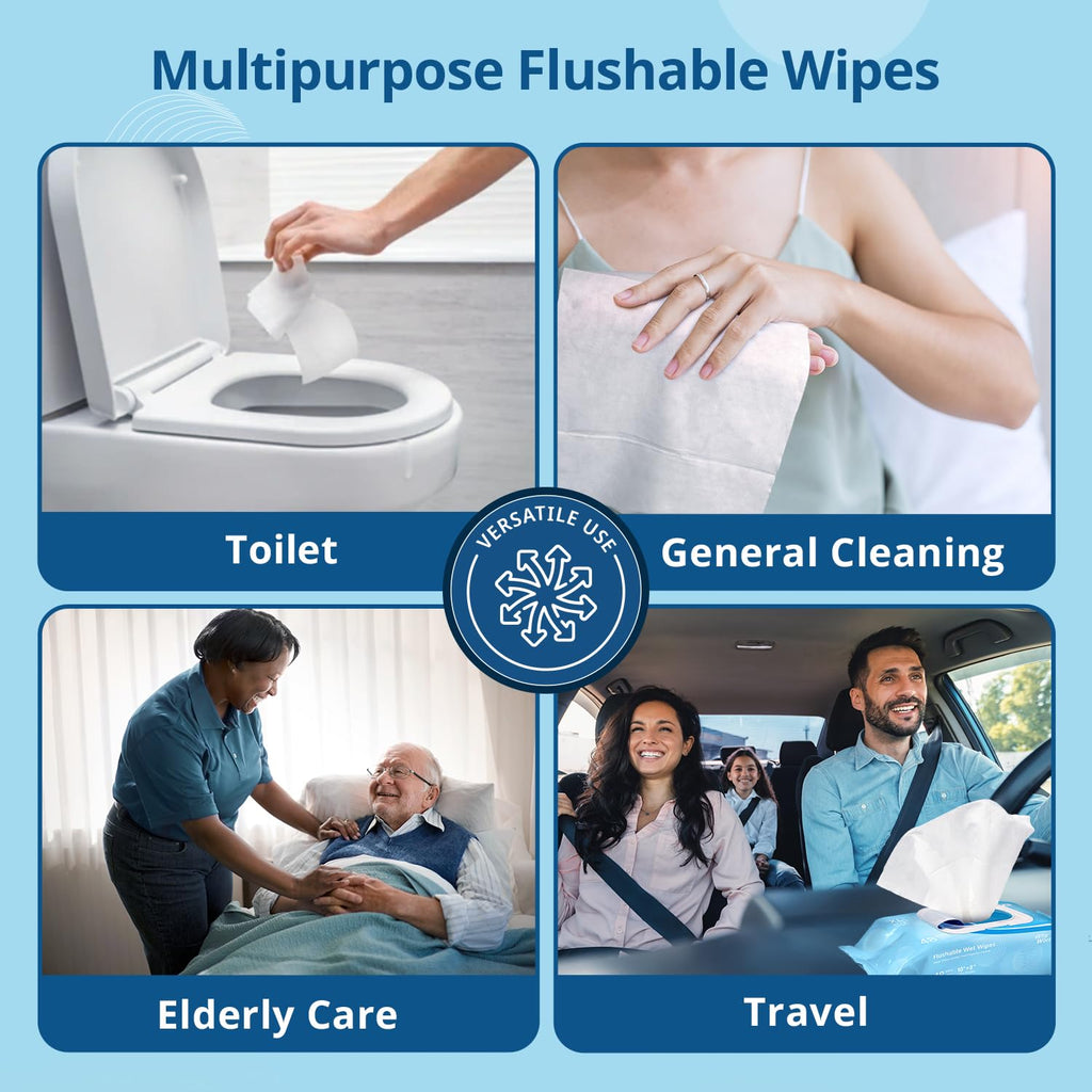 WhyWorry Flushable Wipes for Adults, Extra Large 8"x10" Butt Wipes for Personal Hygiene & Cleansing, Chamomile and Vitamin E, 100% Plant-Based, Septic & Sewer Safe, Sea Incense, 384 Count (8 Packs)