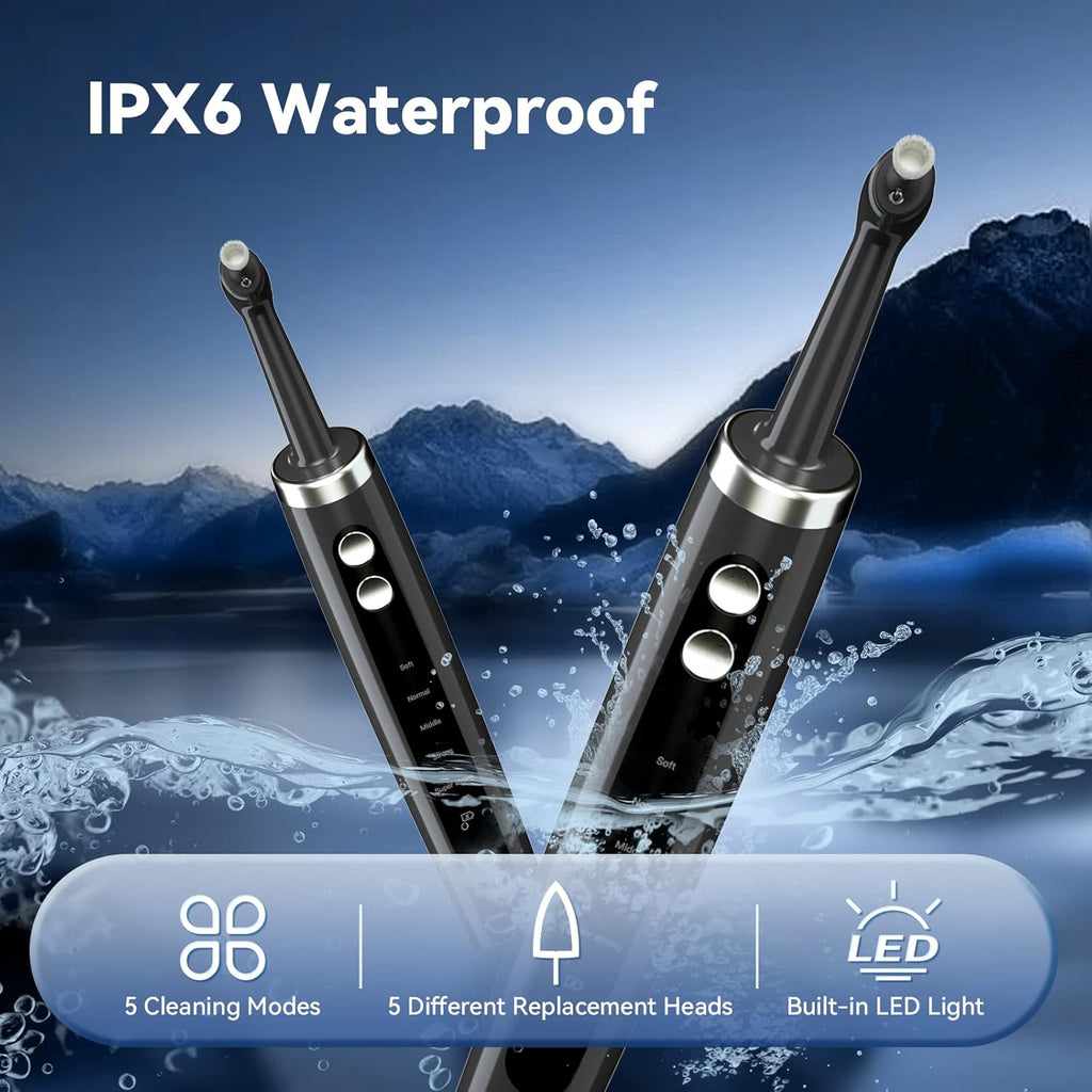 Tooth Polisher Rechargeable,Tooth Buffer Polisher with 5 Replacement Heads & Cleaning Modes, USB Rechargeable, Ipx6 Waterproof, Teeth Black Stain Remover for Adults & Kids Black
