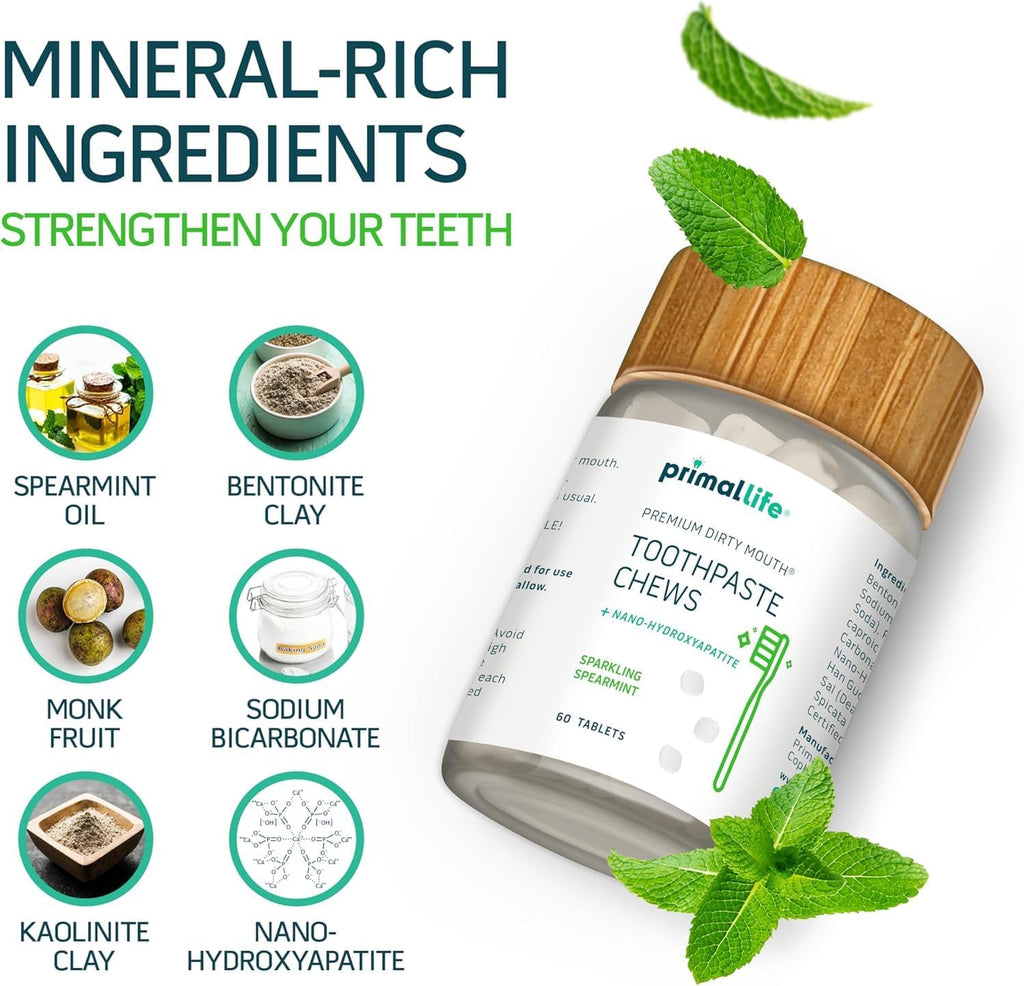 Primal Life Organics Premium Dirty Mouth Toothpaste Chews – Nano-Hydroxyapatite Whitening Toothpaste Tablets for Adults - Gluten Free, Vegan, Paleo - 60 Tablets in Jar - Sparkling Spearmint