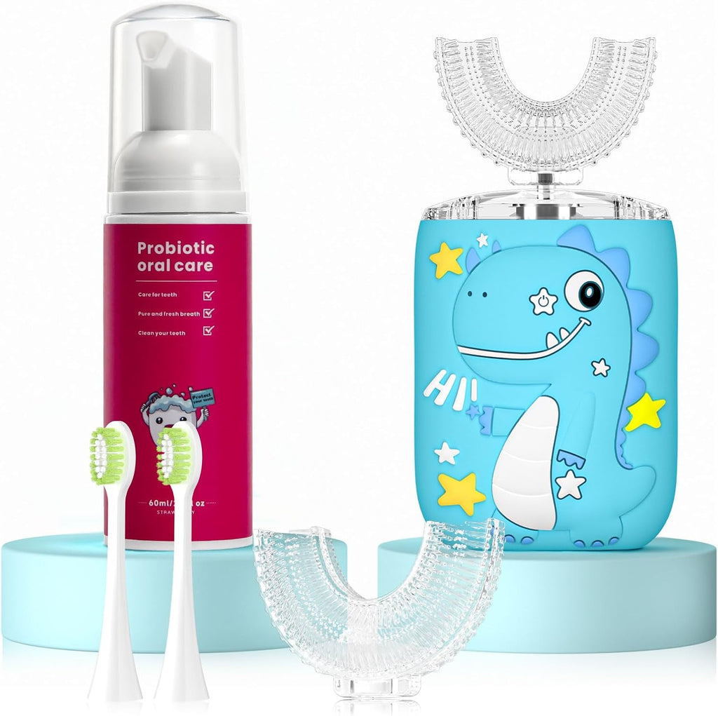 Kids Electric U Shaped Toothbrush,Kids Dinosaur Sonic Full Mouth Toothbrush with 4 Soft Brush Head Automatic 6 Cleaning Modes IPX7 Waterproof 360 Degree Cleaning - Age2-7 Blue