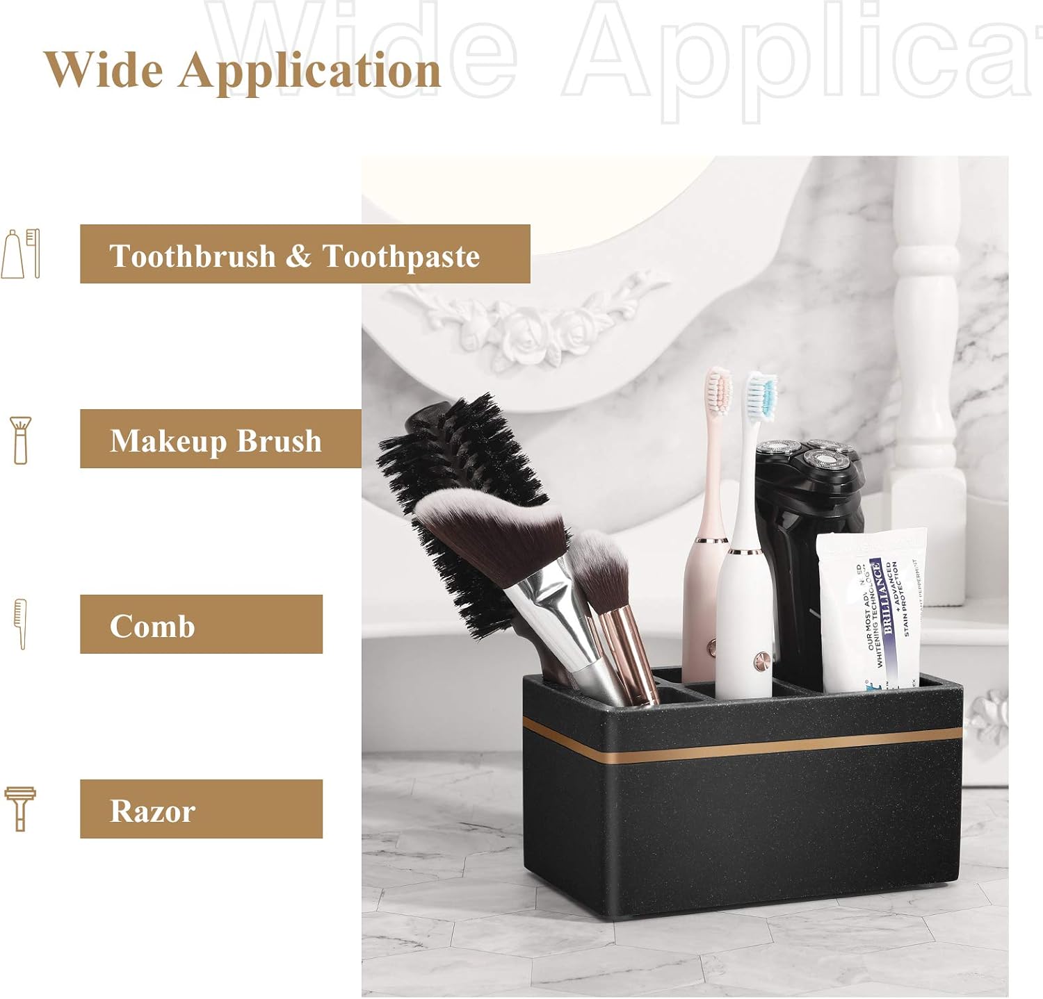 Shinowa Resin Toothbrush Holder, 5 Slots Hygienic Electric Toothbrush Holder Storage Stand Organizer for Toothbrush, Toothpaste, Razor, Gravel Black