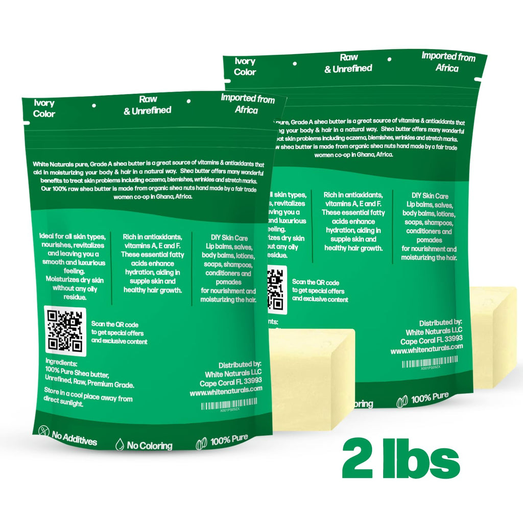 White Naturals Raw African Shea Butter 2lb (1lb in each bag), Pure, Unrefined, Grade A, Ivory, Great Skin Moisturizer, DIY Lip Balms, Stretch Marks, Recover Sun Damage, Cream & More