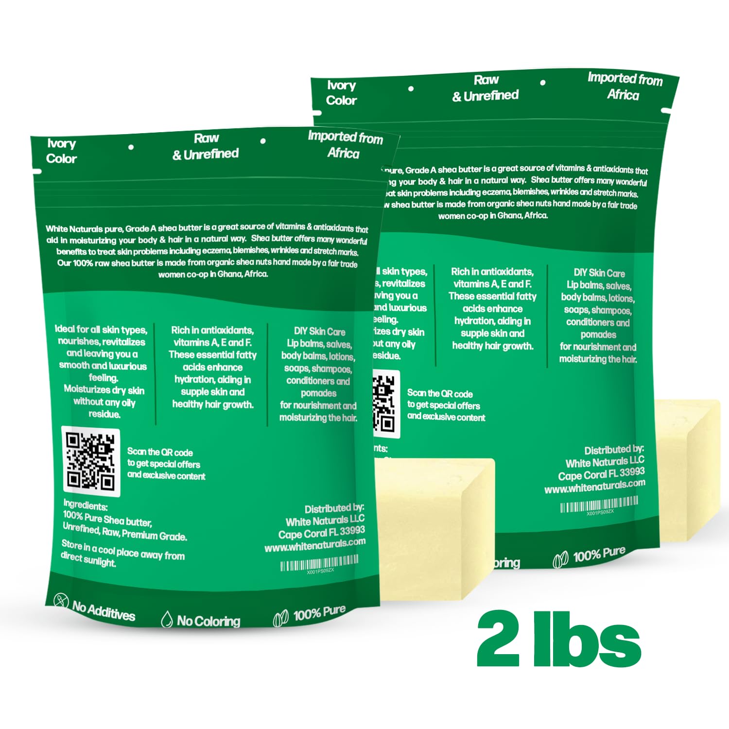 White Naturals Raw African Shea Butter 2lb (1lb in each bag), Pure, Unrefined, Grade A, Ivory, Great Skin Moisturizer, DIY Lip Balms, Stretch Marks, Recover Sun Damage, Cream & More