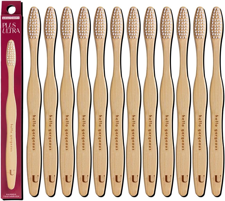 Biodegradable and Eco-Friendly Bamboo Toothbrush 12-Pack - BPA Free Soft Bristle - Dentist-Approved and All-Natural with "Hello Gorgeous" Etched on Handles by Plus Ultra
