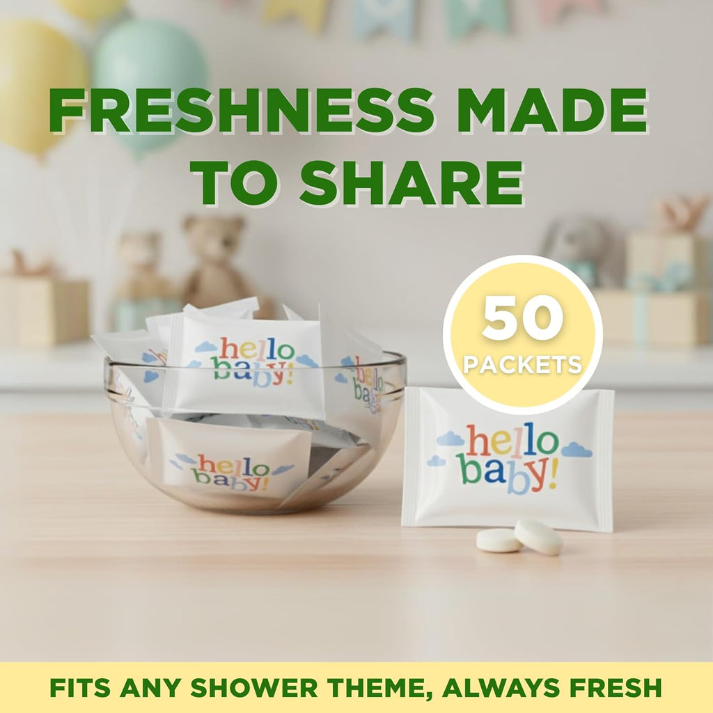 SIMPLY Peppermint "Hello Baby", Individually Wrapped Breath Mints, Bulk 50 Packets (2 per Packet), | Gender Reveal, Party Favors