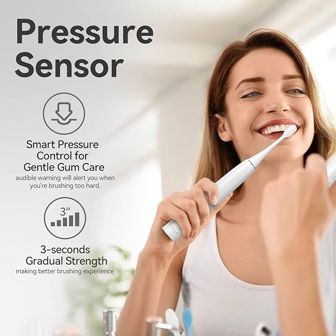 SEAGO Electric Toothbrush for Adults with Pressure Sensor, Sonic Toothbrushes Holder Wall Mounted, 30 Days Battery Life, 5 Cleaning Modes, 8 Replacement Heads, Timer & IPX7 Waterproof(White, Middle)