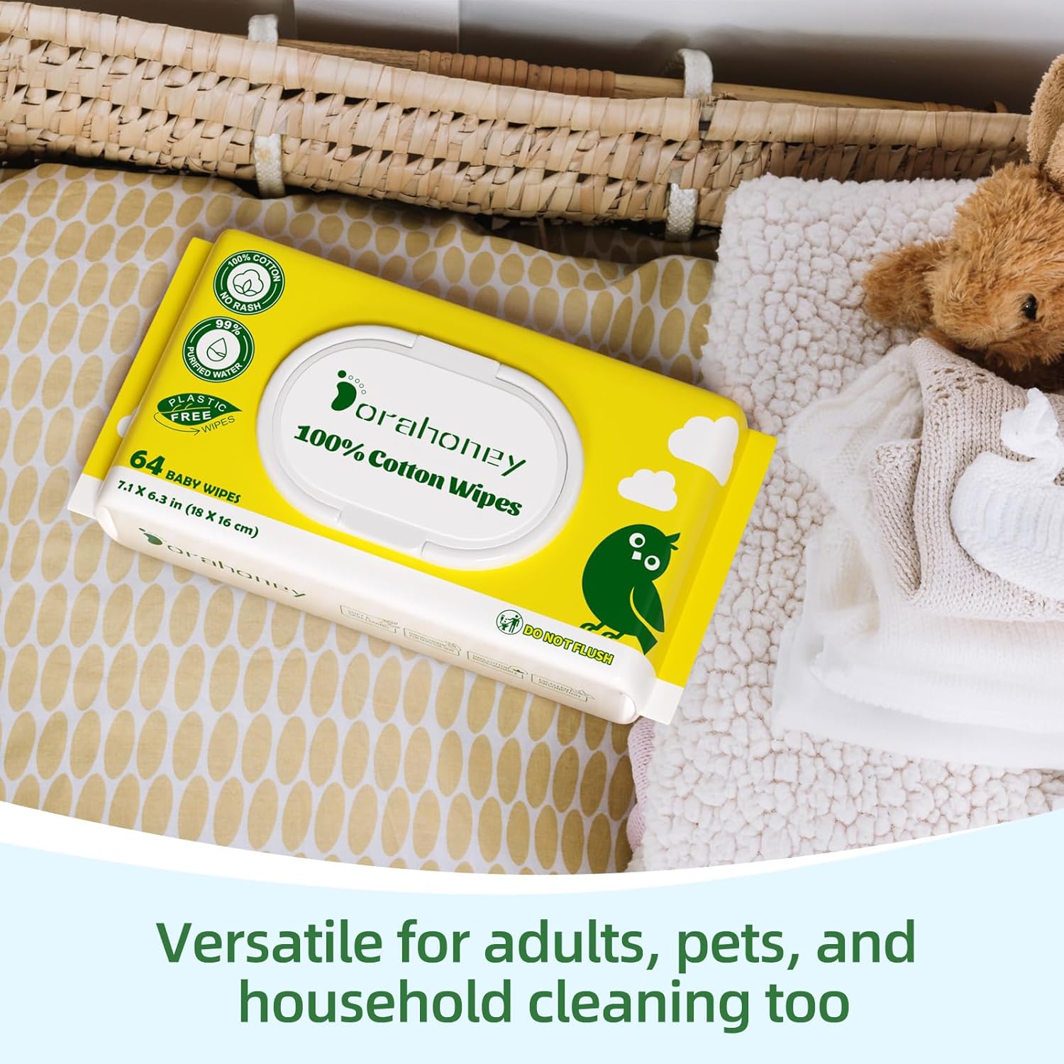 100% USA Cotton Baby Wipes for Sensitive Skin, 99% Purified Water Unscented Wet Wipes, Hypoallergenic & Plastic-Free, 1024 Count (16 Flip-Top Packs of 64)