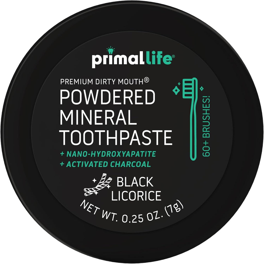 Primal Life Organics - Dirty Mouth Toothpowder, Activated Charcoal Tooth Cleaning Powder, Essential Oils Natural Kaolin Bentonite Clay, 60+ Brushings, Organic Vegan (Charcoal Black Licorice, 0.25 oz)