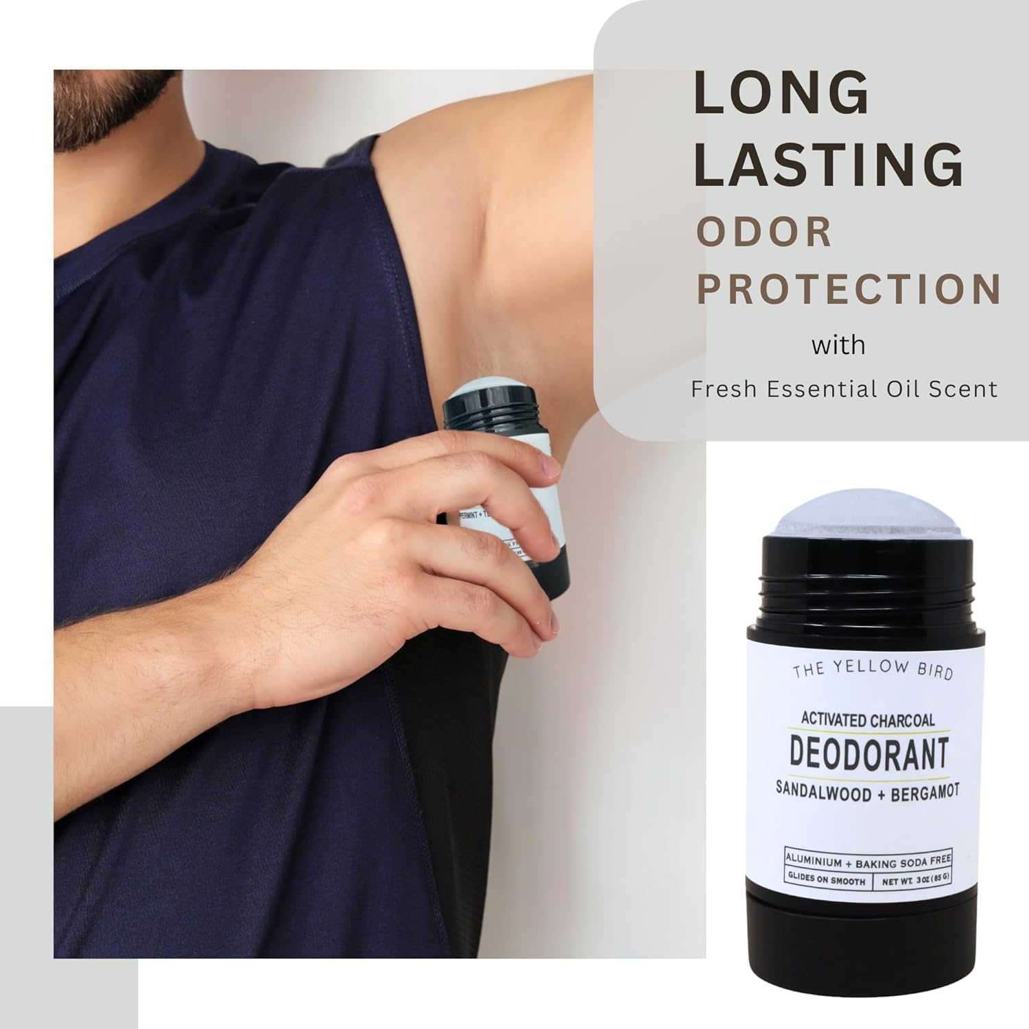 Sandalwood & Bergamot Natural Deodorant – Aluminum-Free, Baking Soda-Free Stick, Sensitive Skin Formula with Activated Charcoal – 3 oz, For Men, Women, Teens - Made in USA