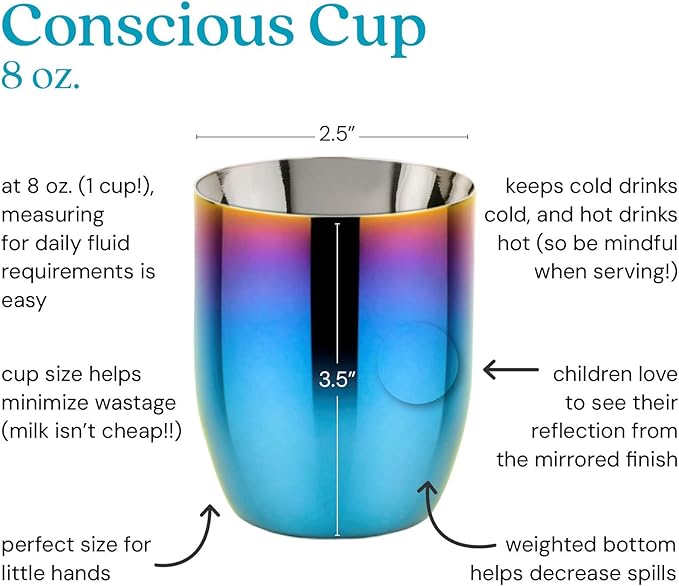 Ahimsa Stainless Steel Kids Cup, Pediatrician Designed, Colorful Toddler Cups for Open Cup Training, 8oz, 100% BPA Free & Dishwasher Safe, Single Iridescent Blue