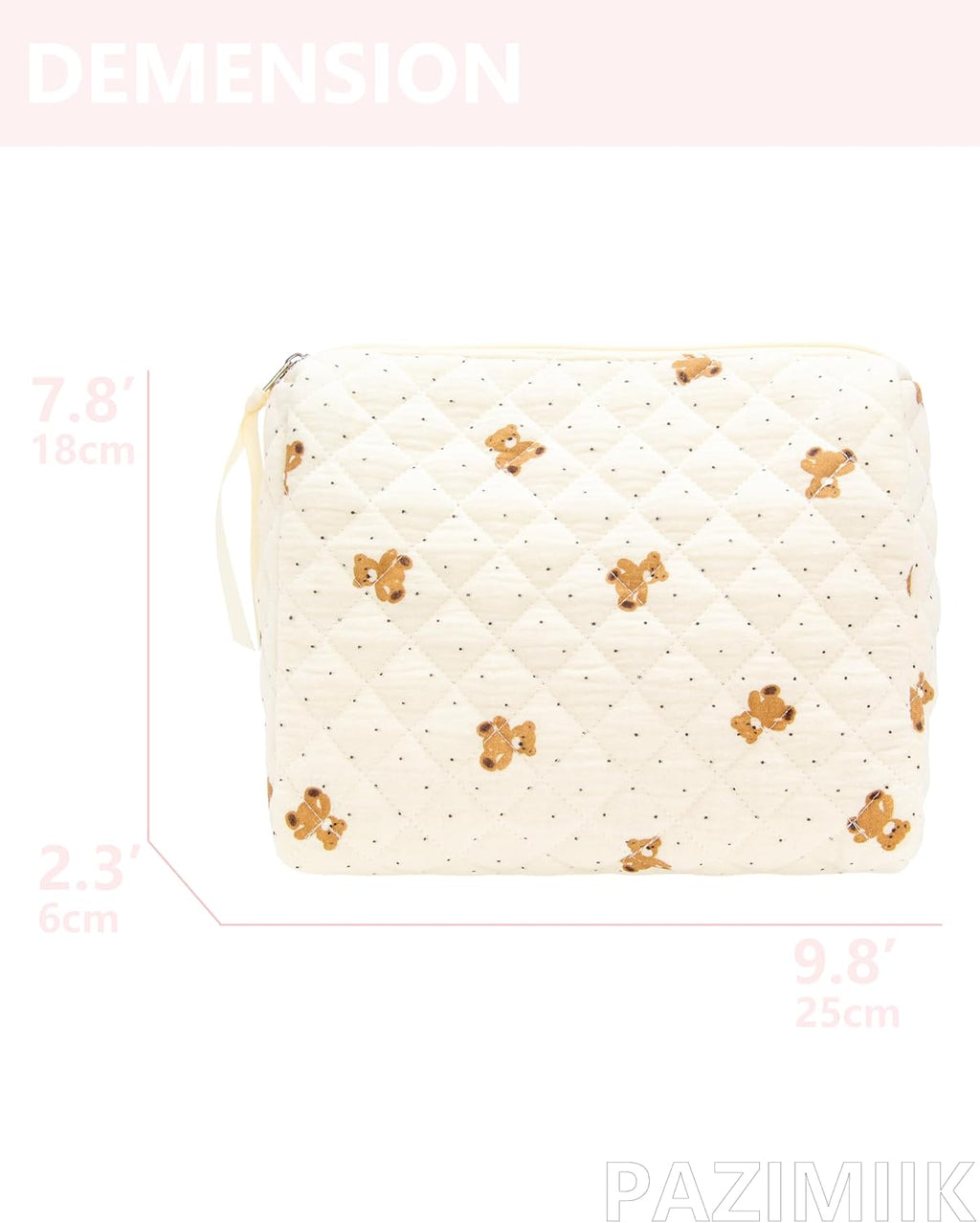 PAZIMIIK Quilted Makeup Bag Large Travel Zipper Soft Cosmetic Pouch for Women Girls Make Up,Gauze Bear