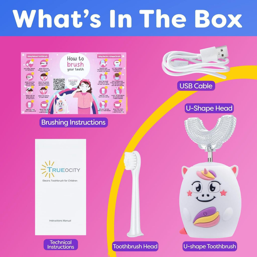 Trueocity Kids U Shape Toothbrush Auto Electric Toddler Rechargeable Kids Automatic Toothbrush | 360° U-Shaped Silicone Brush Head | Gentle Cleaning for Ages 2–7 | Unicorn Design (Pink)