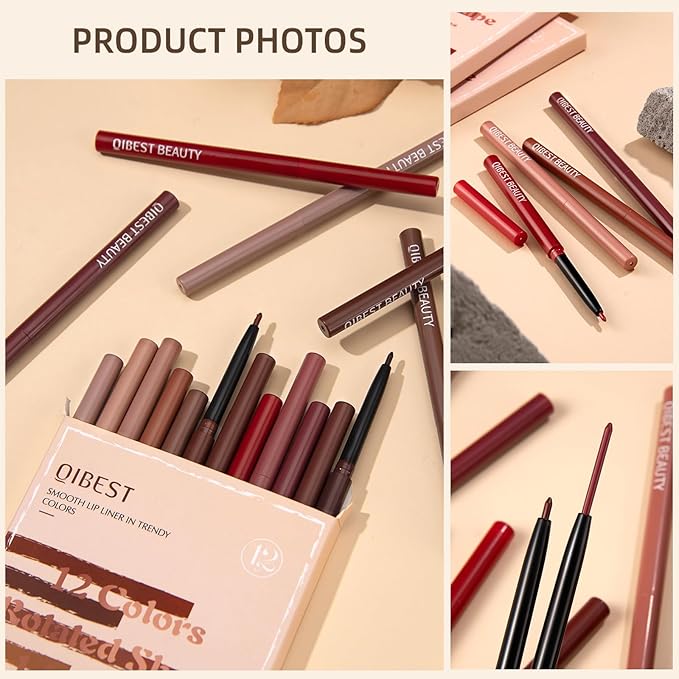 QiBest 12Pcs Crayon Lipsticks Gel Lip Liner Pencil Set, Creamy Long-Lasting Lip Colors Makeup Kit for Women and Girls, Retractable Lipliner Pencils Pack with Rich Color & Smooth Application