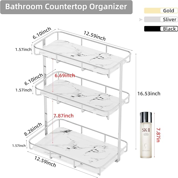 Bathroom Organizer Countertop Perfume Organizer Makeup Organizer Cosmetics Storage Display Rack Vanity Tray Dresser Stainless Steel Gold Shelf White Marble Ceramic Tray