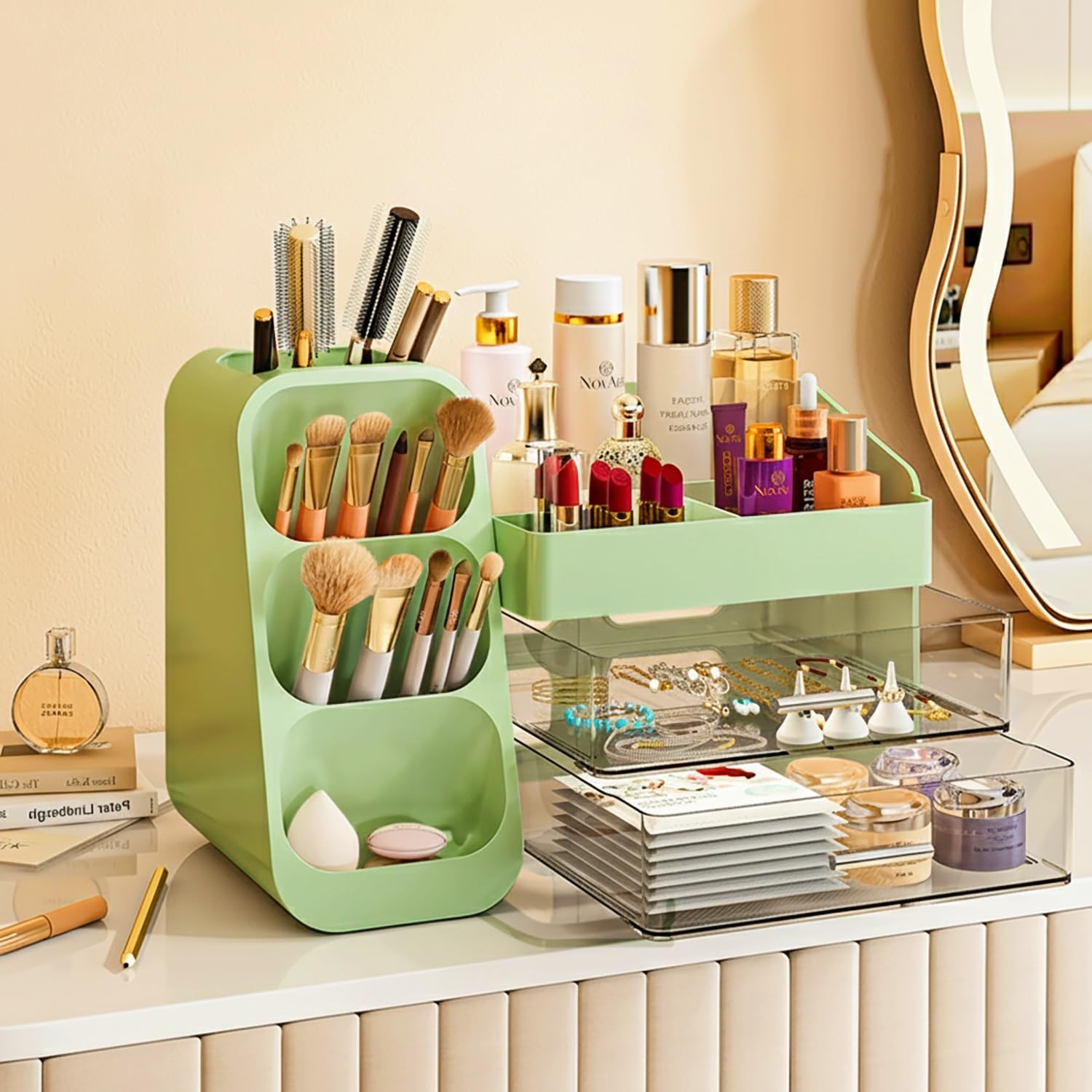 Makeup Organizer with Drawers,Large Capacity Countertop Organizer for Vanity,Bathroom and Bedroom Desk Cosmetics Organizer,Easy To Storage Skincare,Brushes,Lotions,Lipstick (Green)