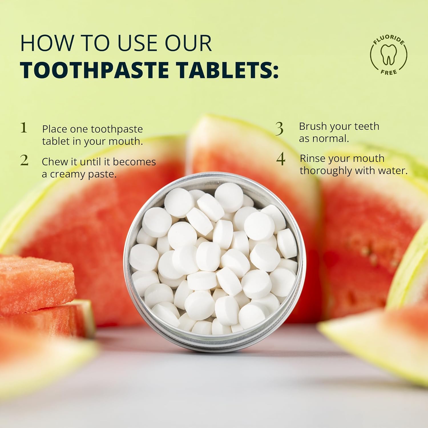 J&L Naturals Toothpaste Tablets | 62-Pack Travel-Friendly Toothpaste | Fluoride + Plastic Free, Vegan, Cruelty Free, Sustainable | Woman-Owned Small Business (Watermelon, 62 Count (Pack of 1))