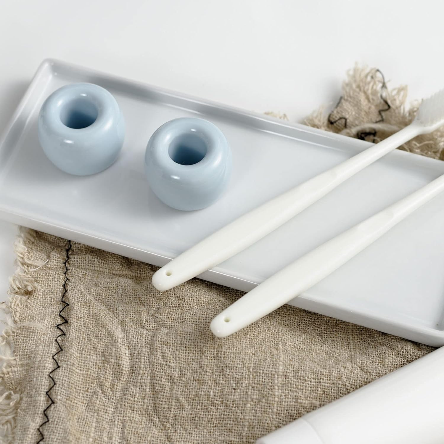 Mini Ceramic Couple Toothbrush Holder, Hand-Made Bathroom Toothbrush Holder, Electric Toothbrush Head Holder and Office Pen Holder 2-Piece Set (Blue)