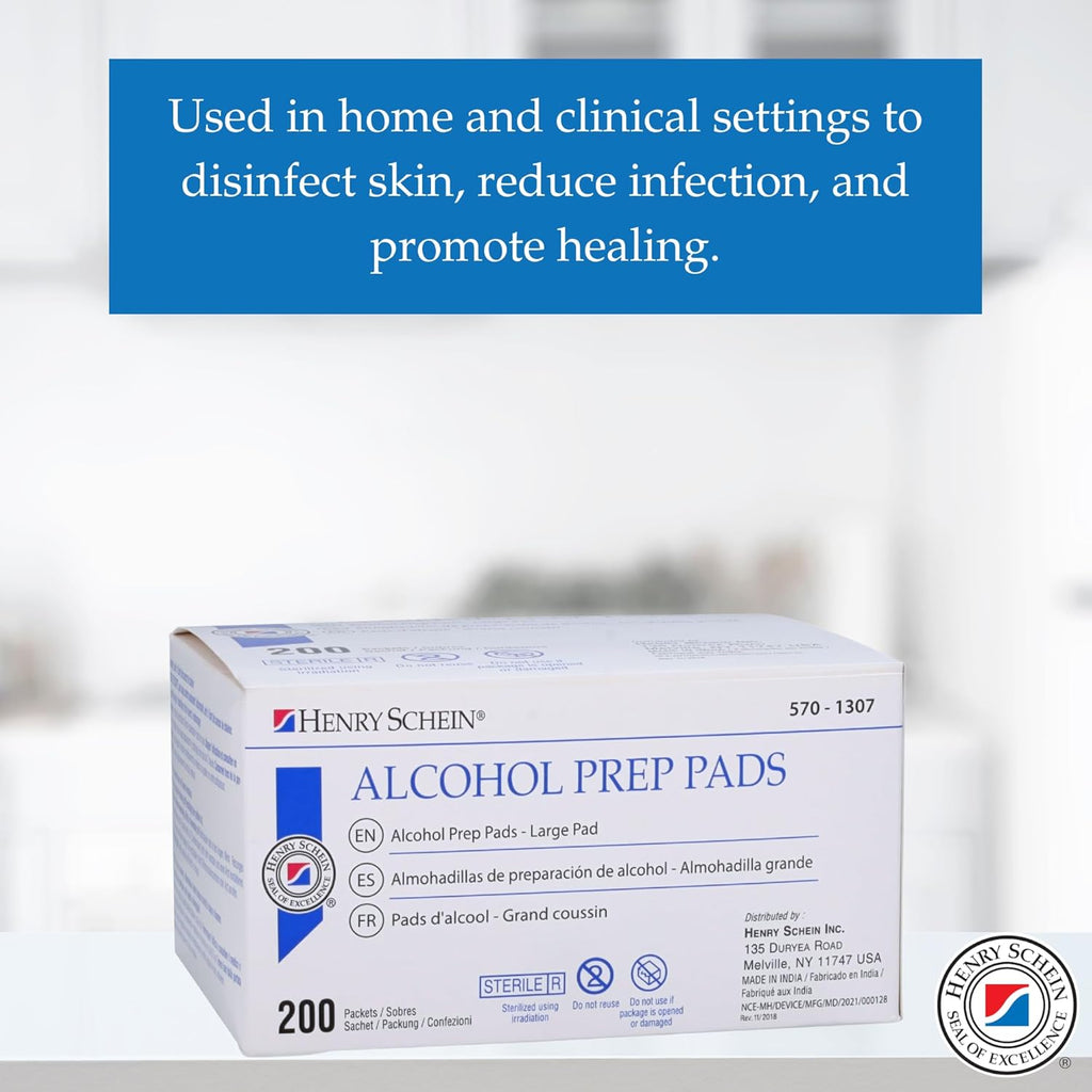 Henry Schein Large Alcohol Prep Pads (2 Boxes, 400 Total) – 70% Isopropyl Alcohol Wipes, Individually Wrapped – 2-Ply, Textured – Skin Prep Alcohol Swabs – Sterile Pads