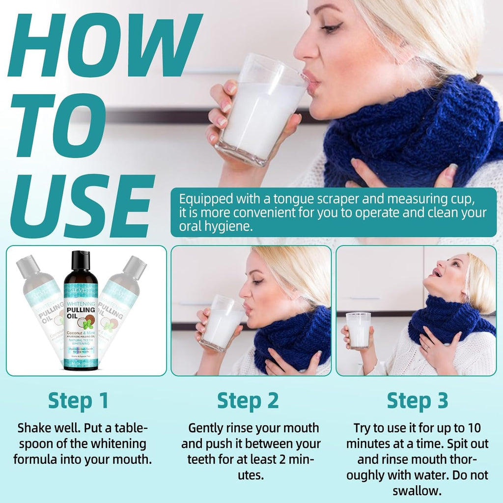 Coconut Oil Pulling with Peppermint Oil-Mouthwash for Oral Care-Helps with Fresh Breath, Organic Essential Oils Mouthwash with Tongue Scraper,Treatment for Gums-237ML