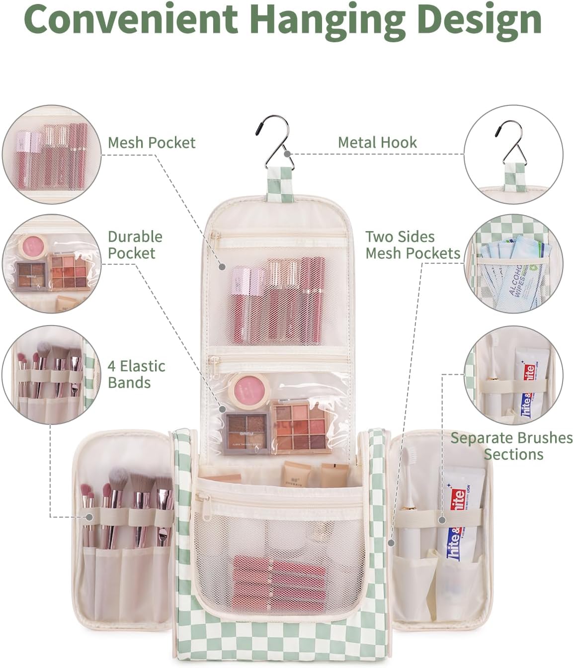 Narwey Checked Hanging Travel Toiletry Bag for Women, Travel Bag for Toiletries, Makeup Bag Organizer Cosmetic Bags Make Up Bags for Women (Mint Green Checkerboard)