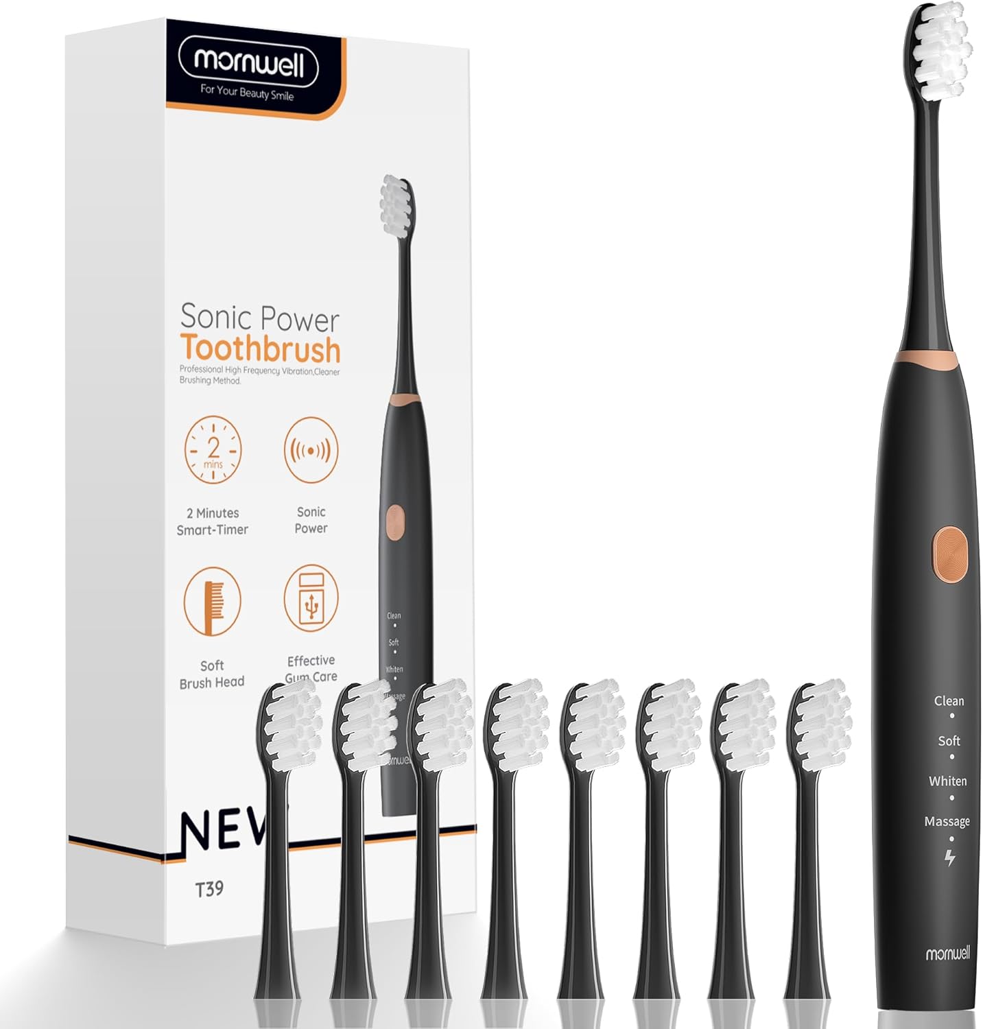 mornwell Sonic Electric Toothbrushes, Rechargeable Electric Toothbrush with 8 Brush Heads 76000 VPM Deep Clean 4 Modes, Travel Toothbrushes Fast Charge 4 Hours Last 45 Days for Adults and Kids