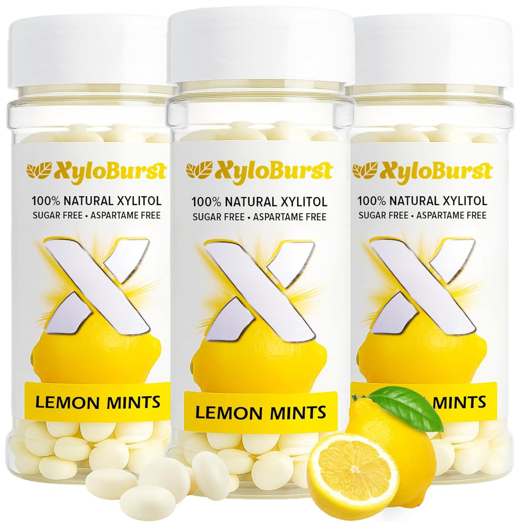 XyloBurst - Xylitol Mints | Sugar Free Breath for Oral Health | Gluten Free, Vegan, Keto Friendly | Aspartame Free Mint | Lemon | 200 Count Jar, 3-Pack