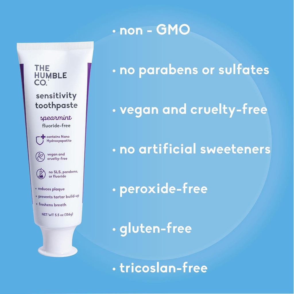 Humble Co. Sensitive Spearmint Fluoride Free Toothpaste for Fresh Breath and Plaque Removal, Vegan Cruelty Free, Non-Toxic SLS Free (5.5 oz, 2pk)