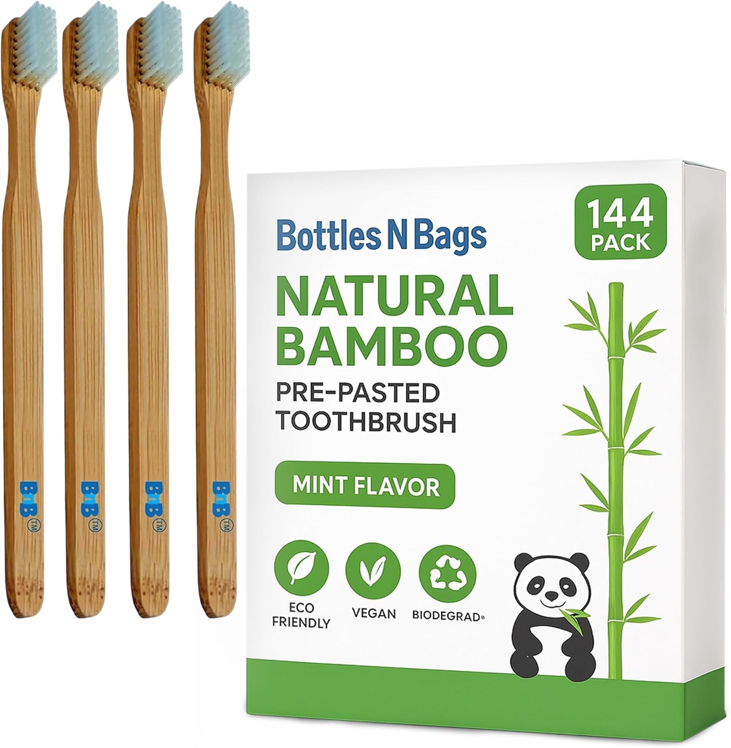 144 Biodegradable Prepasted Bamboo Tooth Brush Individually Wrapped Soft Bristles,Refreshing Mint Flavor Paste (144 Pack)