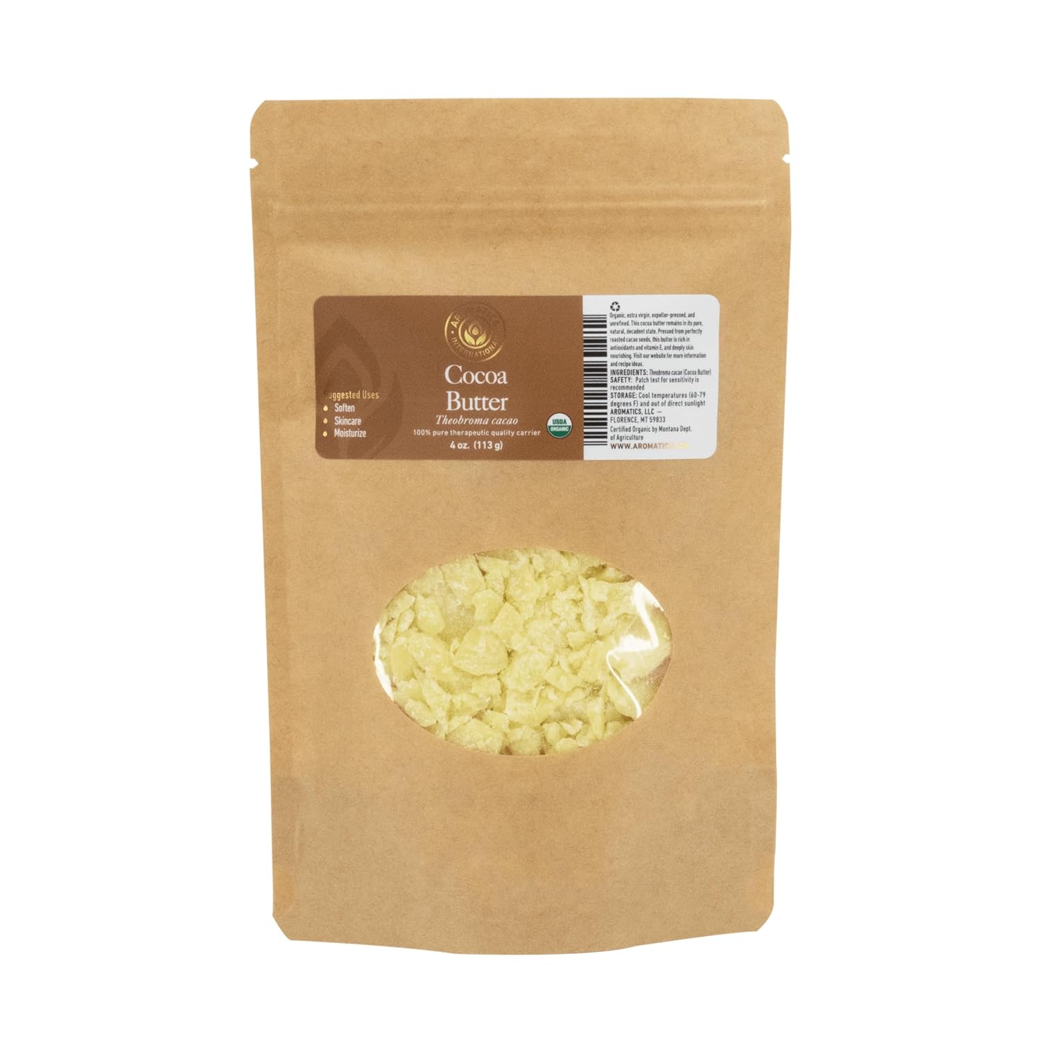 Aromatics International Cocoa Butter 4oz | Pure, Natural, Unrefined Moisturizing Butter for Skin, Hair, and DIY Skincare | Ideal for Hydration, Smooth Skin, and Lip Balms