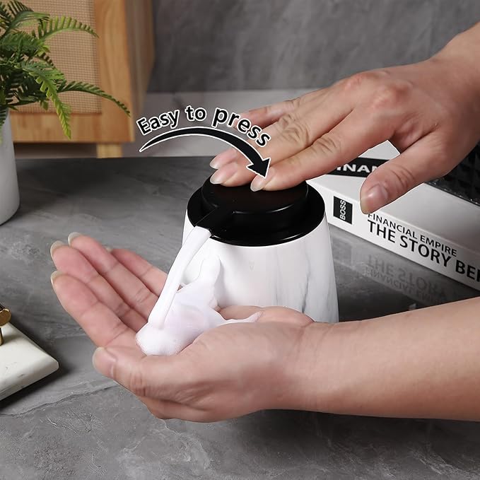 12Oz Foaming Hand Soap Dispenser - Ceramic Bathroom Foam Soap Dispenser with Easy-to-Press Black Pump, Refillable Lotion Hand Dispenser, Dish Soap Dispensers for Kitchen, Marble White