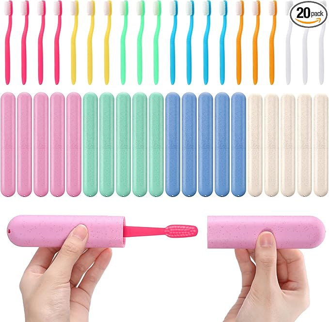 LemonRoad 20 Sets Travel Toothbrush Sets Disposable Toothbrush with Individual Portable Case Individually Wrapped Tooth Brush with Cases for Homeless Supplies Travel Camping Hotel (Macron)