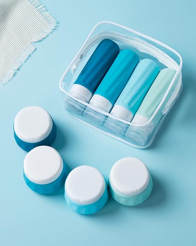 Travel Size Toiletries 8 Pack, TSA Approved 3oz Silicone Squeeze Bottles & Cream Jars with Clear Travel Bag