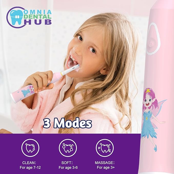 1 PCs 0Rotating Kids Electric Toothbrush with 2 Brush Heads IPX7 by Omnia ONE | 3 Modes, Rechargeable 30 Days Battery Life, IPX7 Waterproof, USB Charger & Block Included, Fun & Effective Oral Care