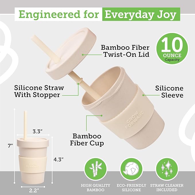 Grow Forward Bamboo Kids Cups with Lids and Straws - 10oz Drinking Cups for Kids with Childproof Twist Lids & Silicone Straws - Eco Friendly, BPA Free, Non Toxic & Dishwasher Safe - Arctic