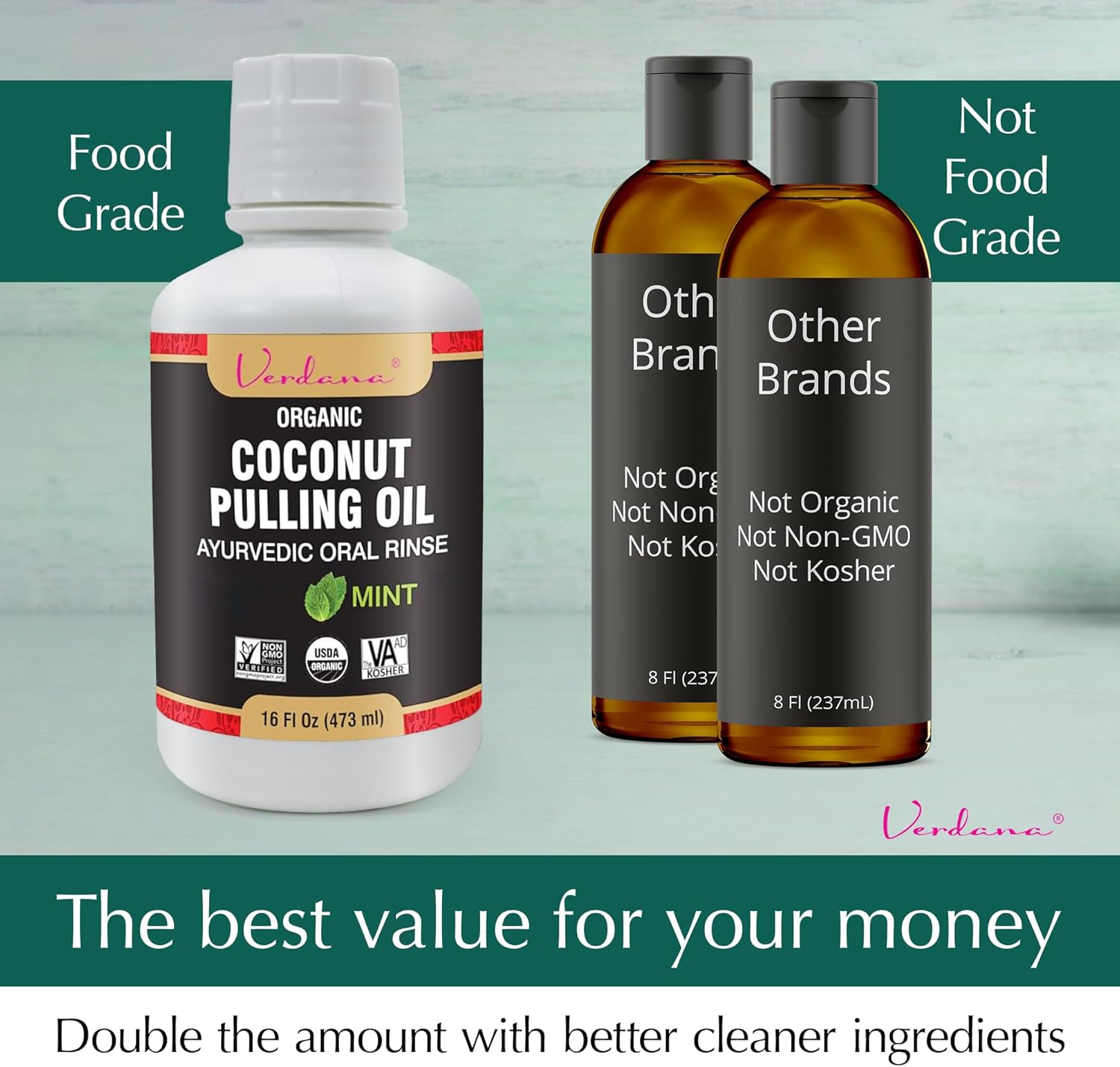 Verdana Organic Oil Pulling Mouthwash – 16 oz Mint – USDA Organic Coconut Oil Rinse for Teeth & Gums – Alcohol-Free, Fluoride-Free Natural Mouthwash for Fresh Breath & Gum Health