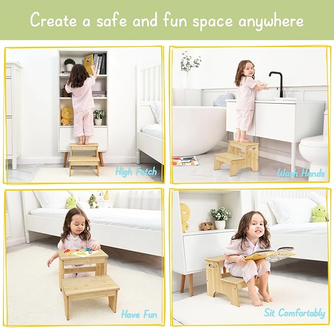 Forbena Wooden Bathroom Step Stool for Toddlers, Heavy Duty Kids 2 Step Stool for Bathroom Sink Kitchen Counter, Bamboo Wood Non-Slip Baby Children Potty Stepping Stool Seat with Handles for Toilet