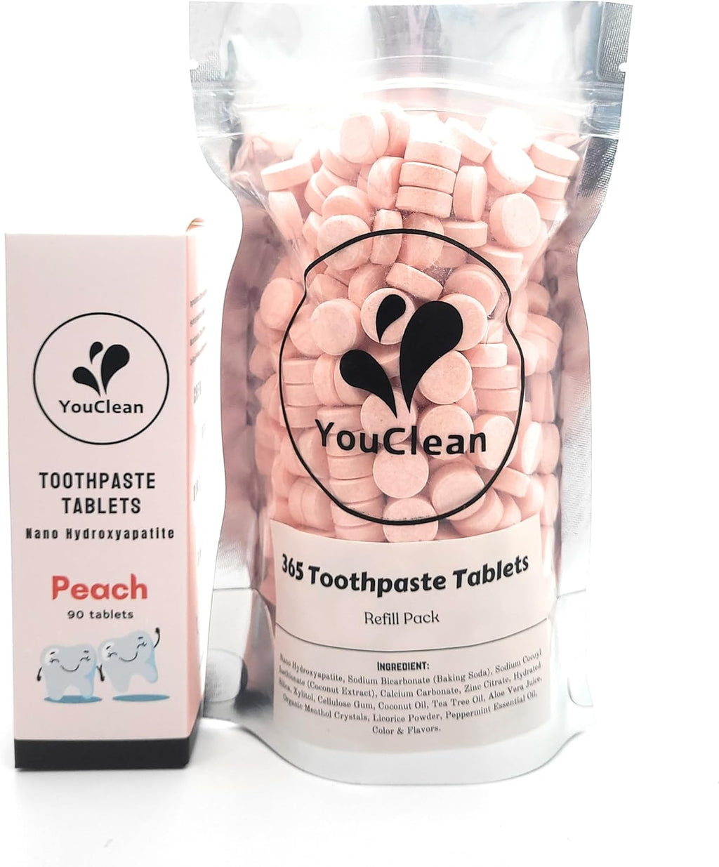 Refill Pack - 365 Toothpaste Tablets - Natural Remeralization & Whitening with Nano Hydroxyapatite - Travel or Daily Use - Fluoride Free (Peach365)