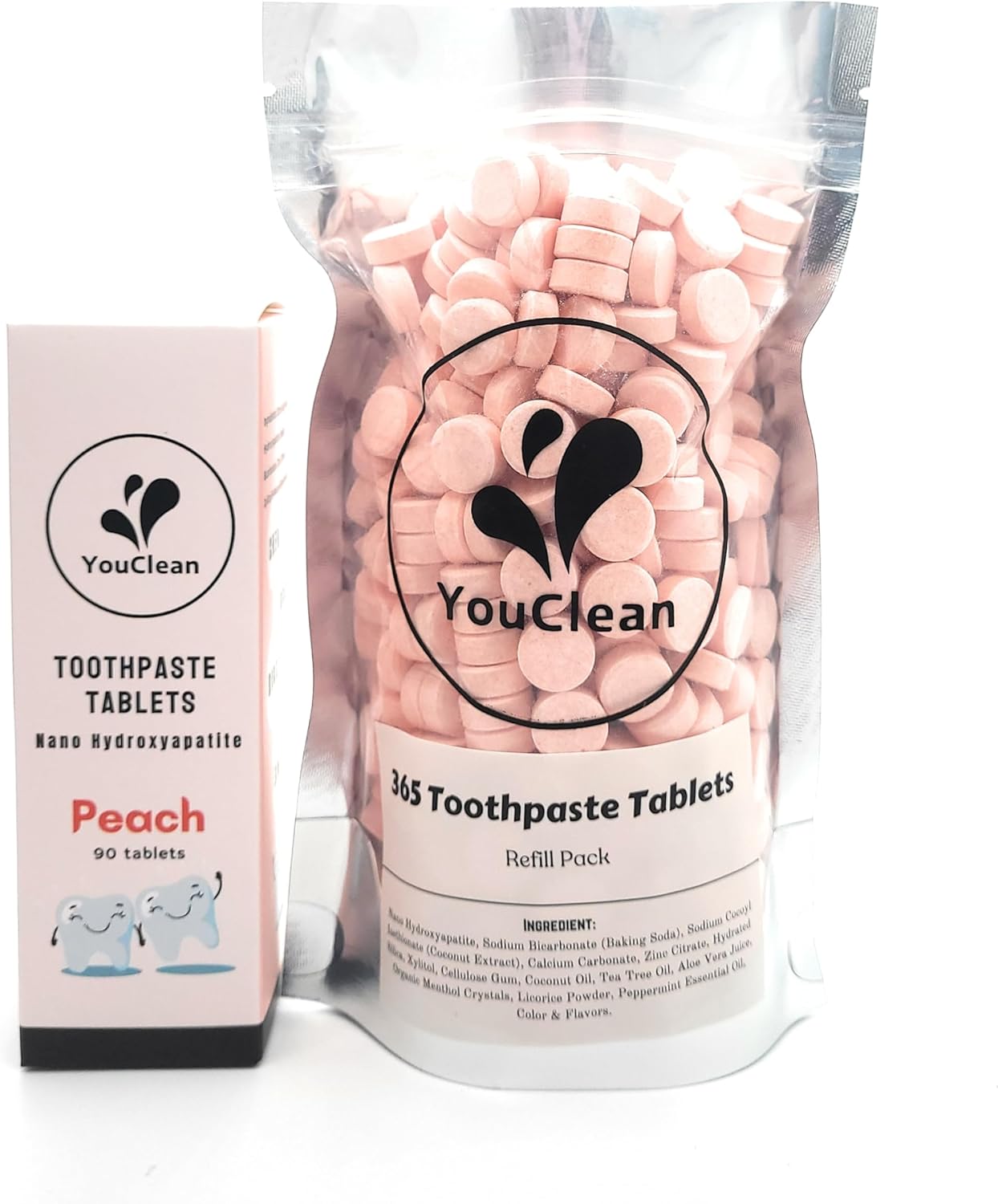 Refill Pack - 365 Toothpaste Tablets - Natural Remeralization & Whitening with Nano Hydroxyapatite - Travel or Daily Use - Fluoride Free (Peach365)