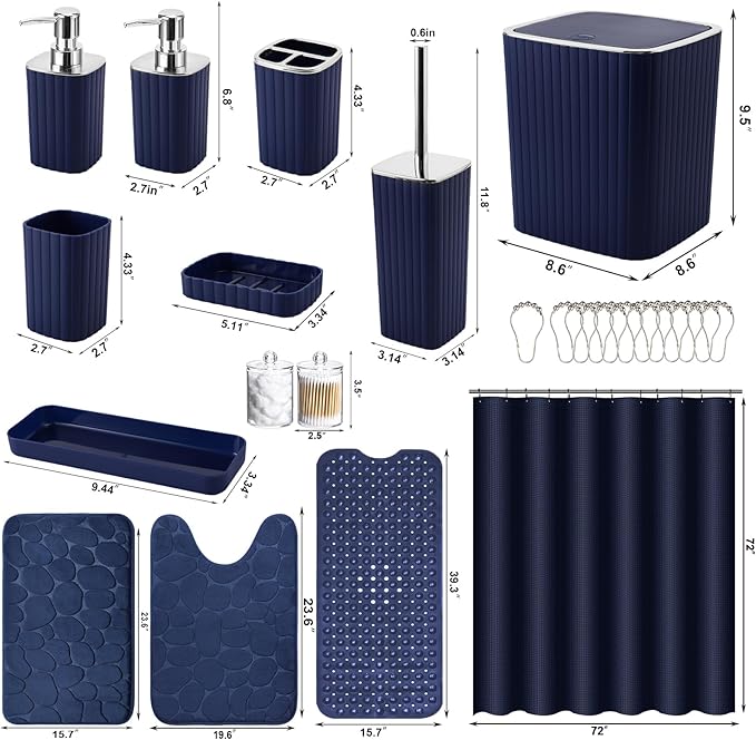 26PC Bathroom Accessories Set - Gorgeous Blue Bathroom Set, Bathroom Accessory Set, Blue Shower Curtain Set with Bathtub Mats for Shower Tub