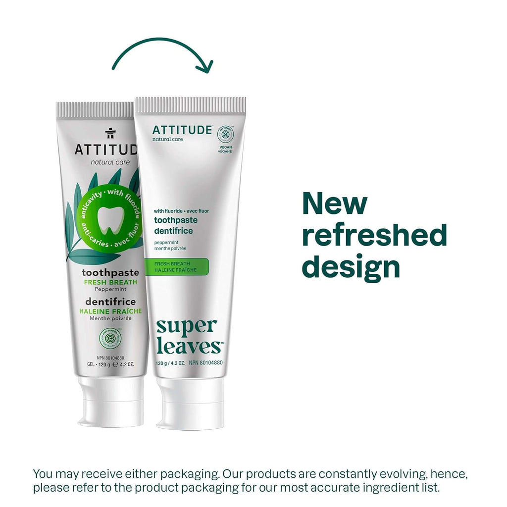 ATTITUDE Fresh Breath Toothpaste with Fluoride, Peppermint Flavor, Vegan & Cruelty-Free, Sugar-Free, Plant & Mineral-Based Ingredients, Clean Oral Care, 4.2 Oz