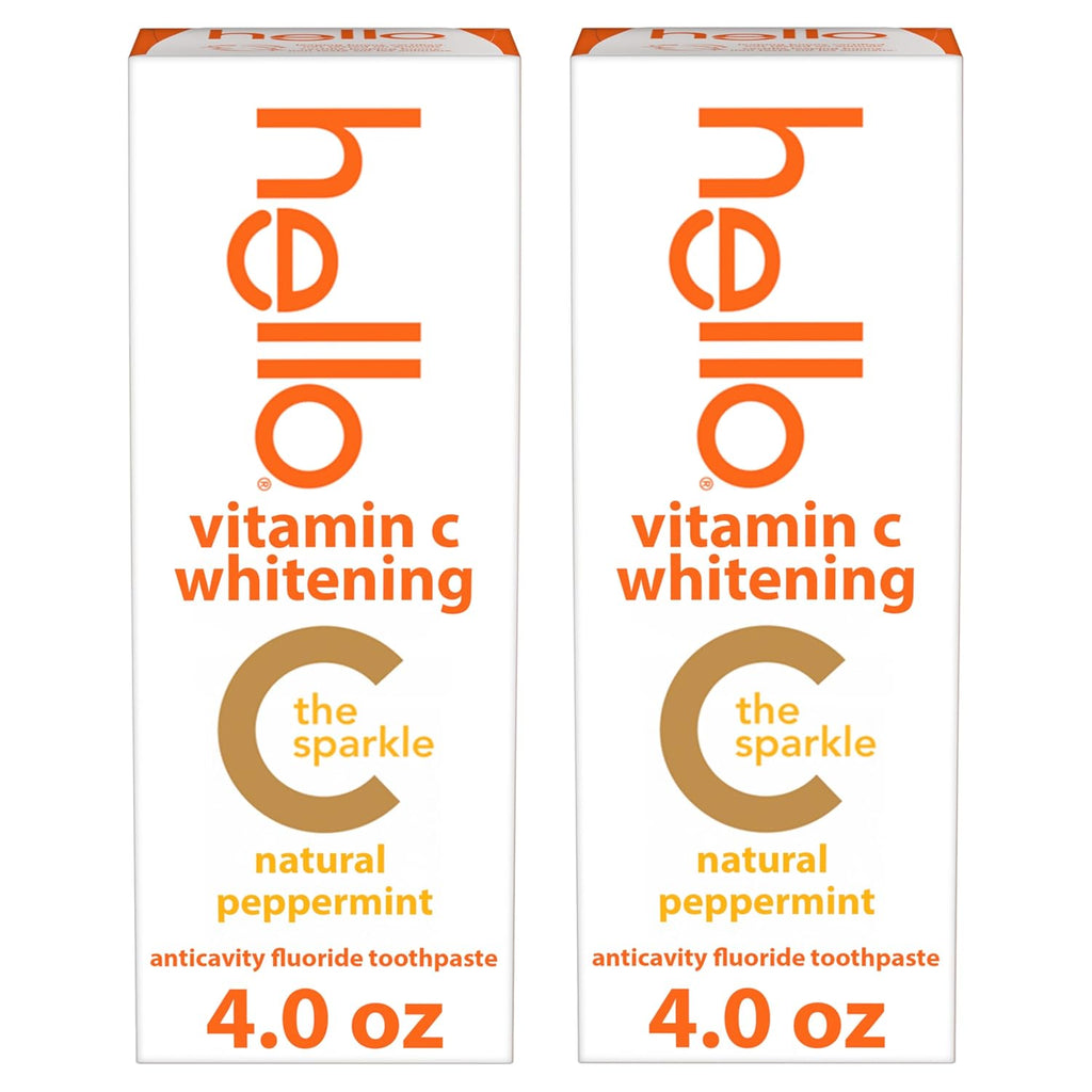 hello Vitamin C Whitening Toothpaste with Fluoride, Whitening SLS Free Toothpaste Pack, Up to 2 Shades Whiter Teeth, No Peroxide, Safe for Everyday Use, Natural Peppermint, 2 Pack, 4.0 Oz Tubes