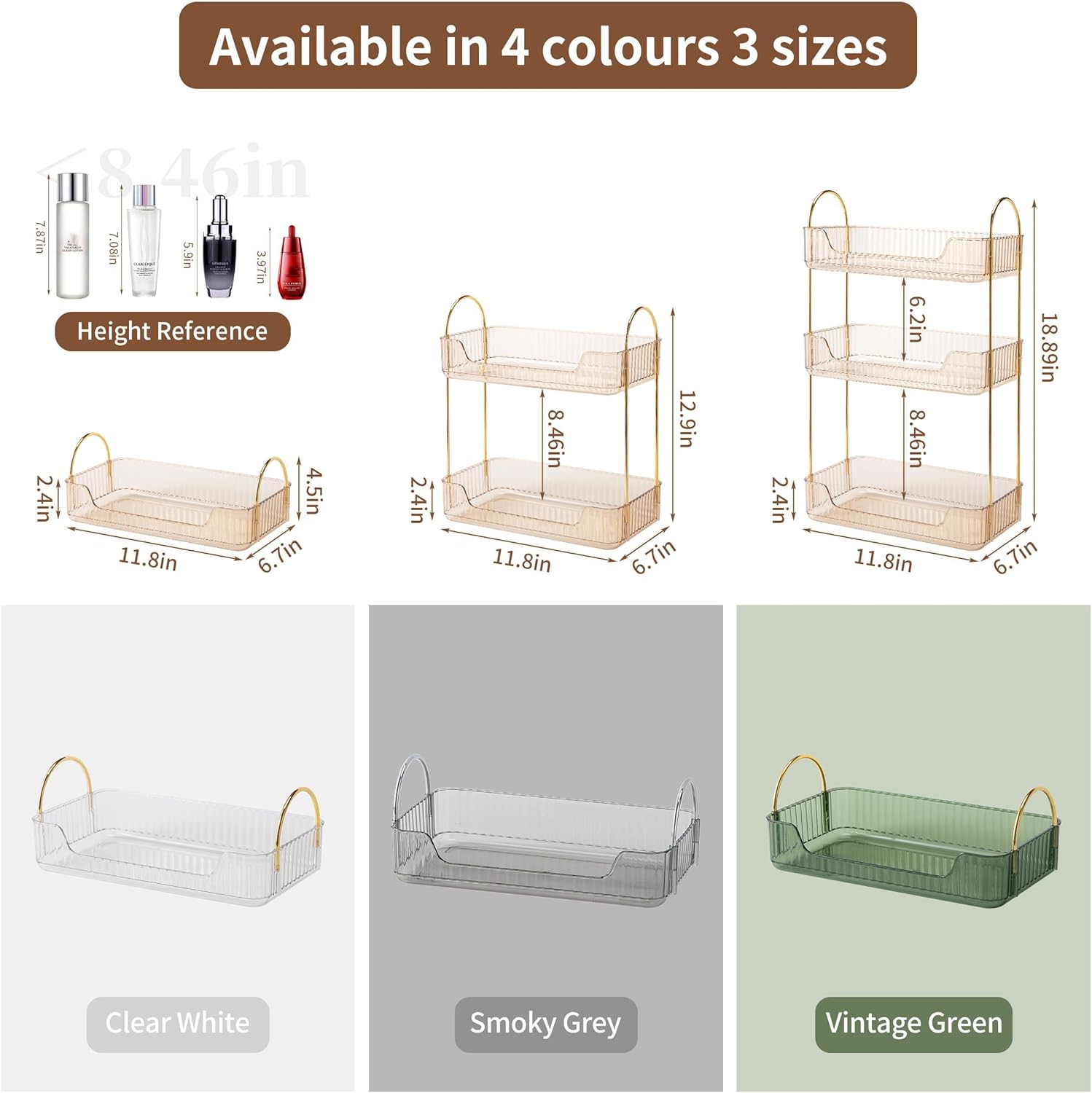 YCIA&DONE Bathroom Organizer Countertop, Makeup Storage, Skincare Cosmetic Tray Shelf, Perfume Holder Rack for Vanity Counter, Large Capacity, Easy to Install, Clean, 1 Tier, Amber Gold