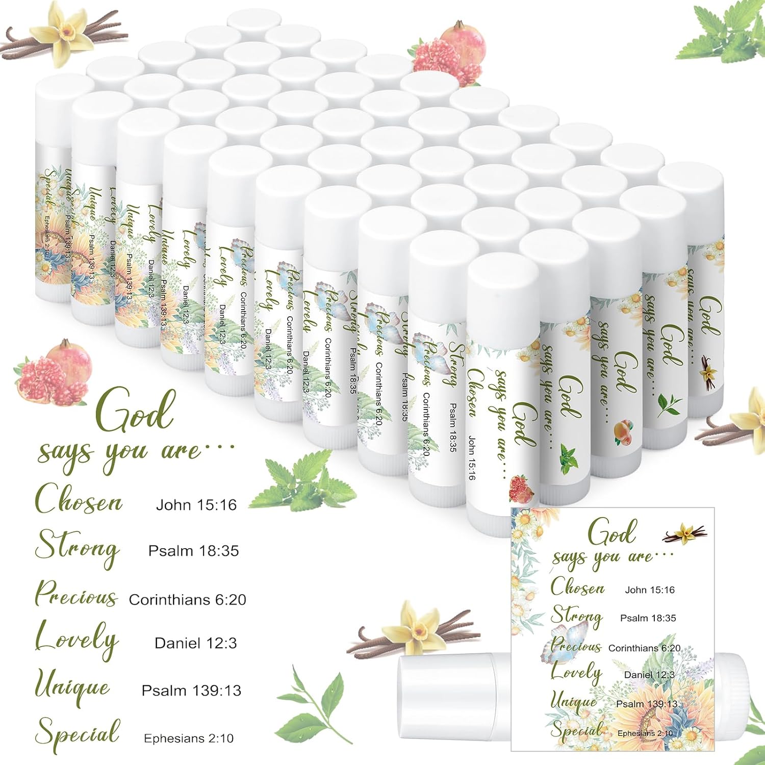 50 Pcs Christmas Christian Lip Balm Bulk Bible Verses Lip Balm Scripture Christian Gifts for Women Faith Religious Church Party Favor Inspirational Gift for Coworker Staff Employee(Fresh)