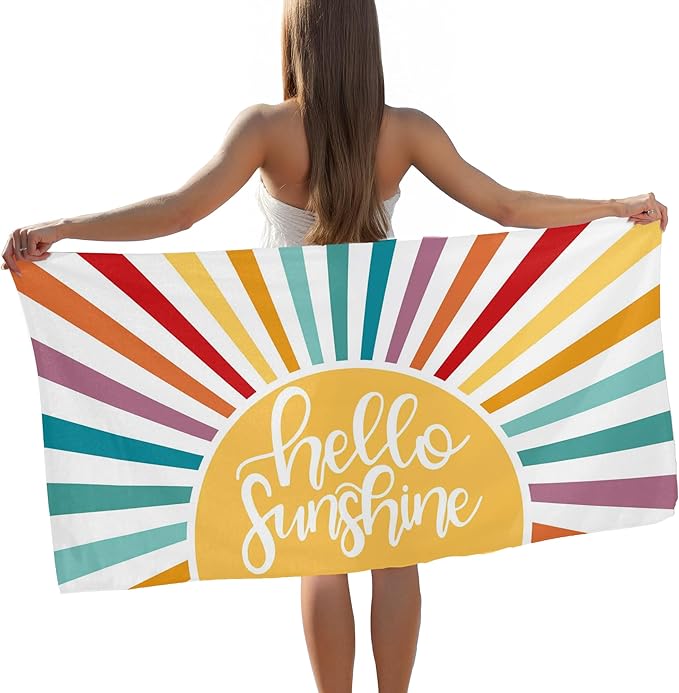 Colorful Boho Sunshine Kids Beach Towel, Boho Sun Sunrise Pool Towels, Hello My Sunshine Large Beach Bath Travel Towels for Women Girls, Sunrise Sun Bathroom Nursery Accessories Decor,30x60in