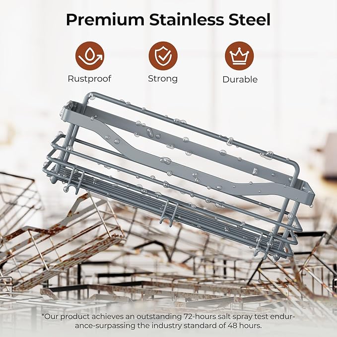 Orimade Shower Caddy Basket Shelf Storage Rack, No Drilling Wall Mounted Adhesive Rust Proof Stainless Steel Shower Organizer with 5 Hooks for Bathroom, Light Blue Grey 2 Pack