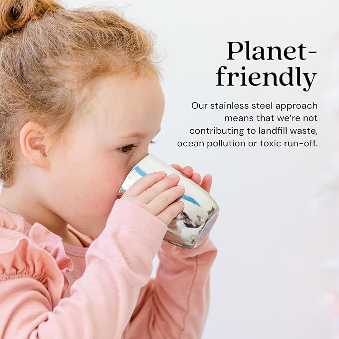 Ahimsa Stainless Steel Kids Cups, Pediatrician Designed, Premium Polished Toddler Cups for Open Cup Training, 8oz, 100% BPA Free & Dishwasher Safe, Classic Silver, Set of 4