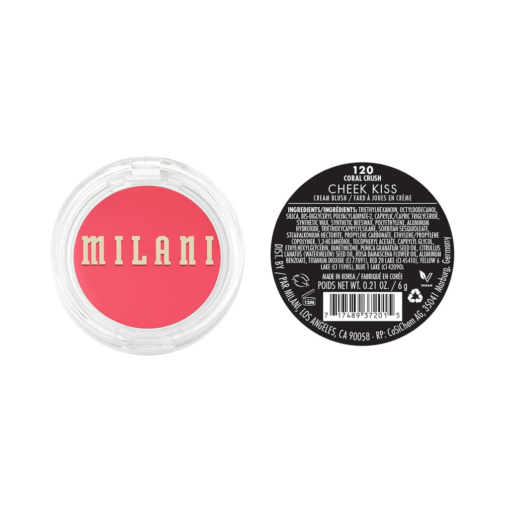 Milani Blush Makeup – Cheek Kiss Cream Blush for Cheeks, Buildable Cream-to-Gel Blusher & Lip Tint, Dewy Natural Color, Hydrating - Coral Crush