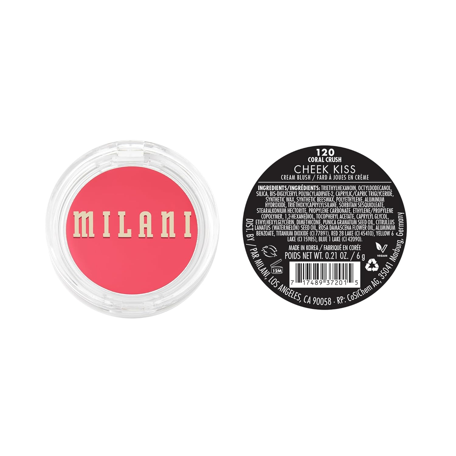 Milani Blush Makeup – Cheek Kiss Cream Blush for Cheeks, Buildable Cream-to-Gel Blusher & Lip Tint, Dewy Natural Color, Hydrating - Coral Crush